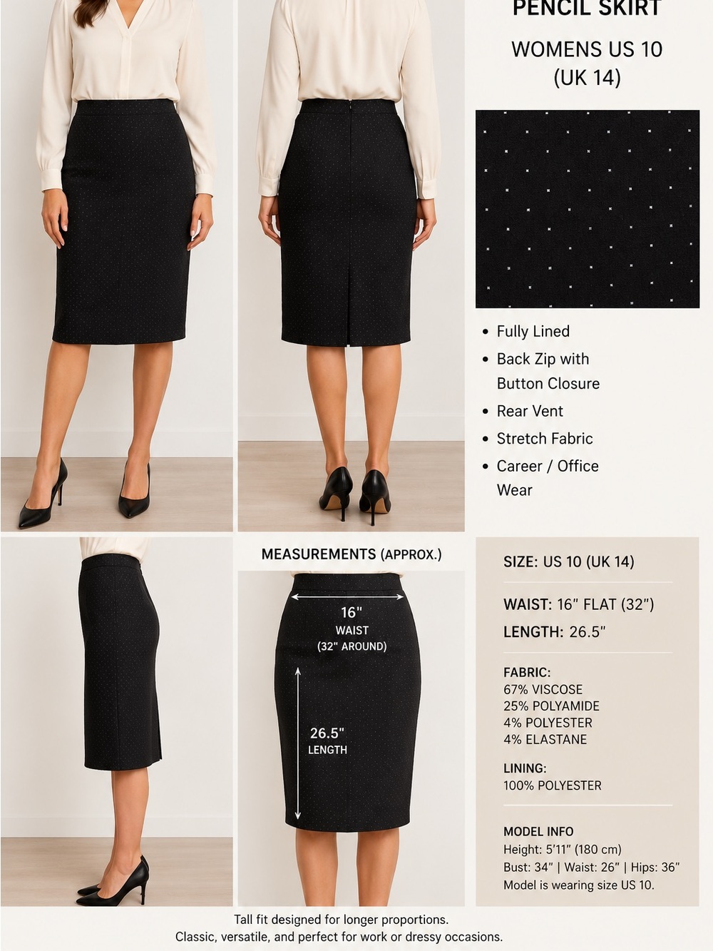 Long Tall Sally Pencil Skirt Womens US 10 Black Micro Dot Lined Career Office